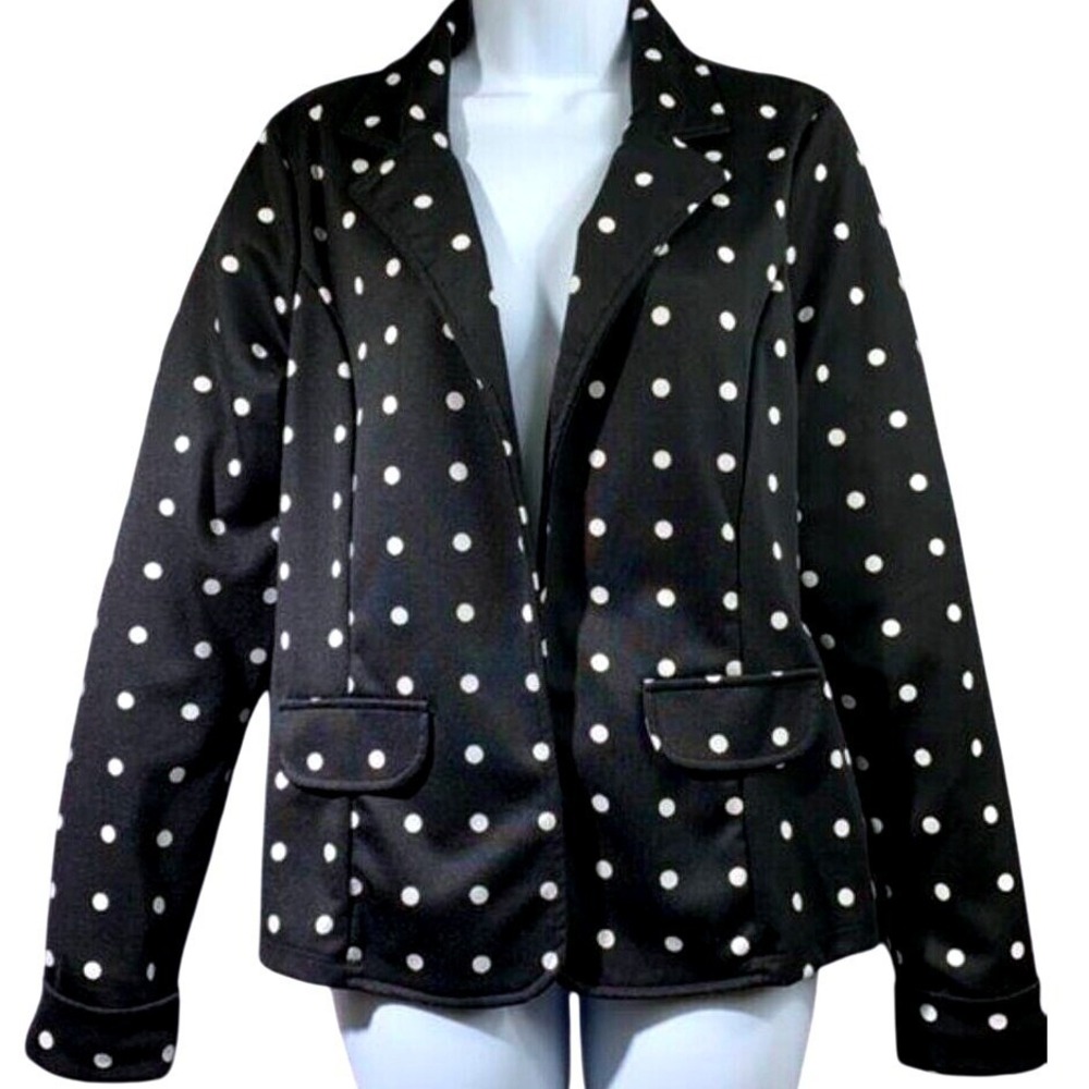 Fenn Wright Manson Polka Dot Blazer Black White Open Front Stretch Jacket L
